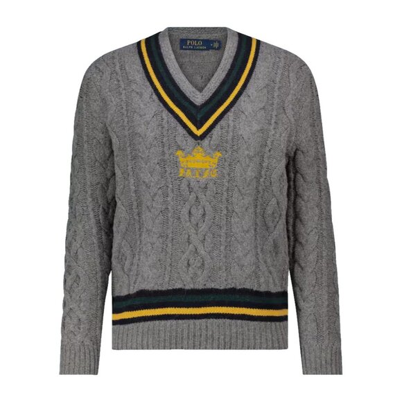 NWT Polo Ralph Lauren Embroidered Crown Cable Knit Cricket Sweater in Gray L - Picture 1 of 8